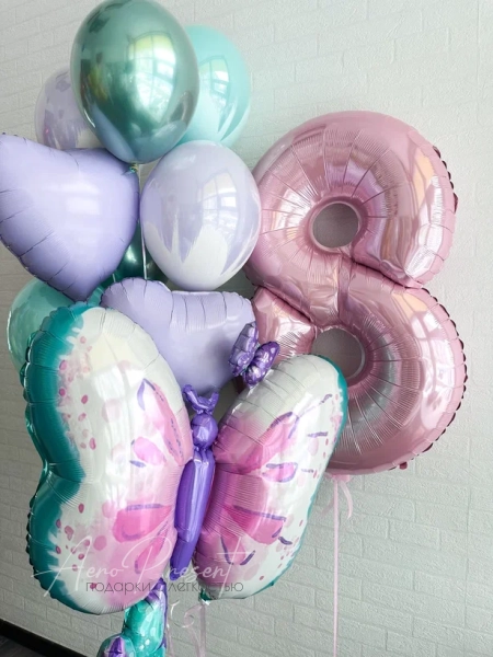 Букет шаров "Весенний" с бабочкой и цифрой