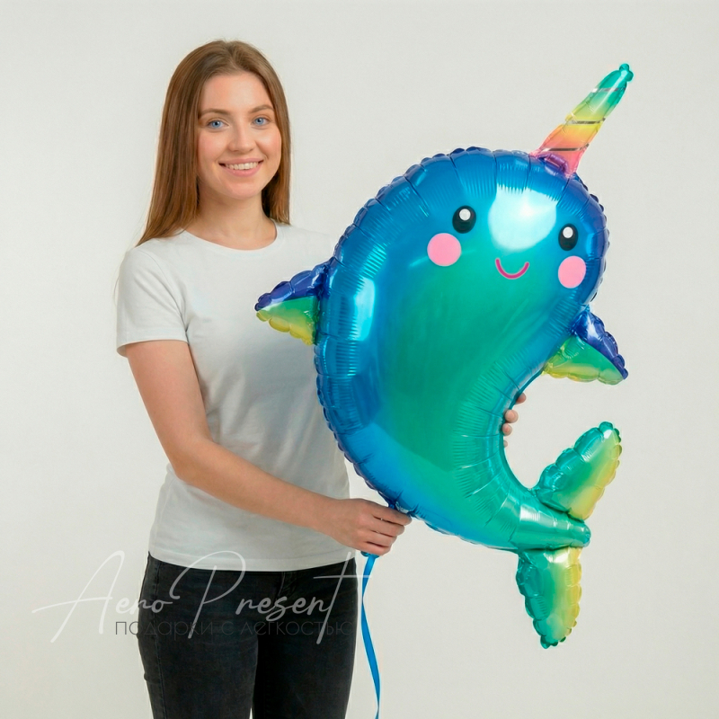 Фольгированный шар Дельфин с радужным рогом