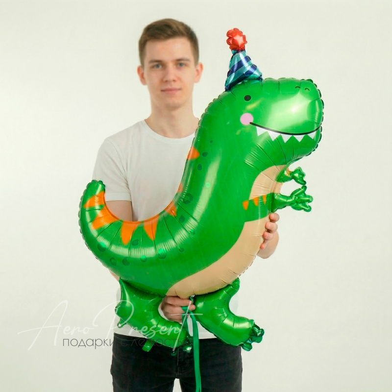 Динозавр зеленый в колпачке, фольгированный шар