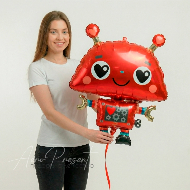 Фольгированный шар Робот с влюбленным взглядом, Красный