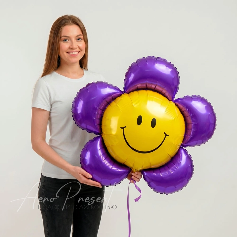 Фиолетовый смайл-цветок, фольгированный шар