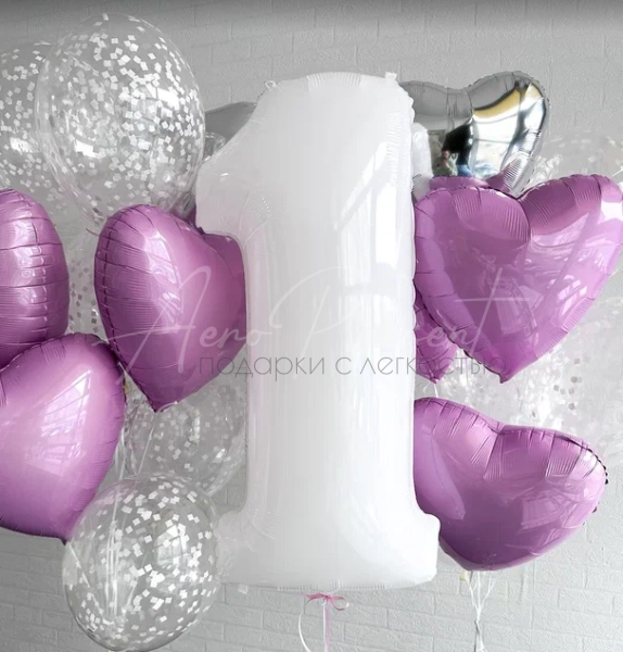 Розово-серебристый набор с белой цифрой на годик