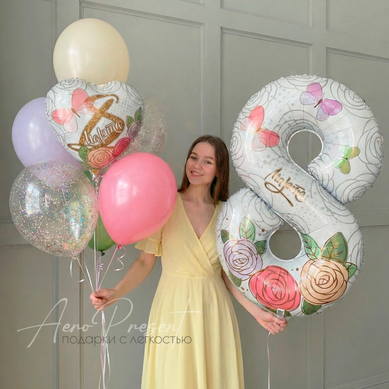 Набор шаров с цифрой "Бабочки и цветы"