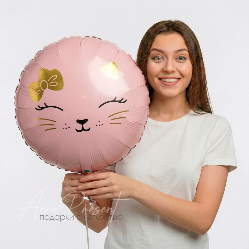 Фольгированный шар Круг, Кошечка с бантом, Розовый Сатин