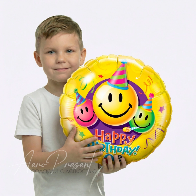 Фольгированный шар Круг, Смайлы разноцветные