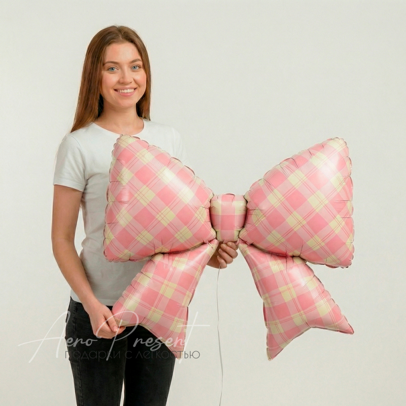 Фольгированный шар Фигура, Бант, Клетка Виши, Розовый, Сатин