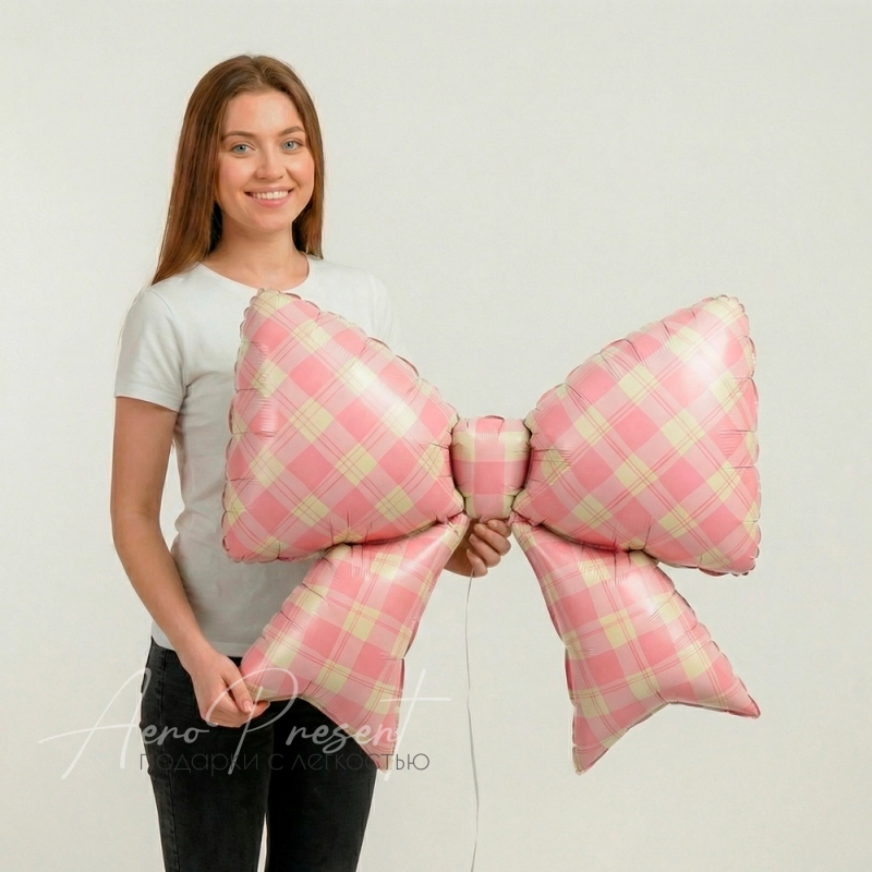 Фольгированный шар Фигура, Бант, Клетка Виши, Розовый, Сатин