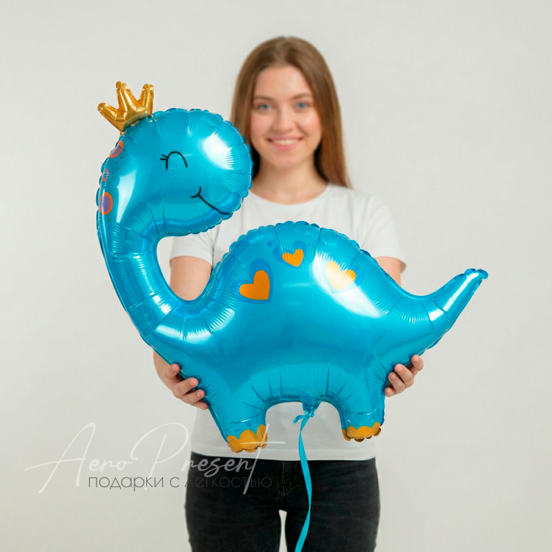 Фольгированный шар Динозаврик голубой в короне